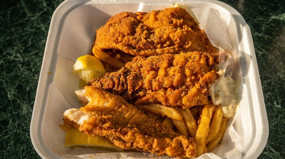 Golden-brown fried fish and french fries with lemon wedges and tartar sauce in a white takeout container.