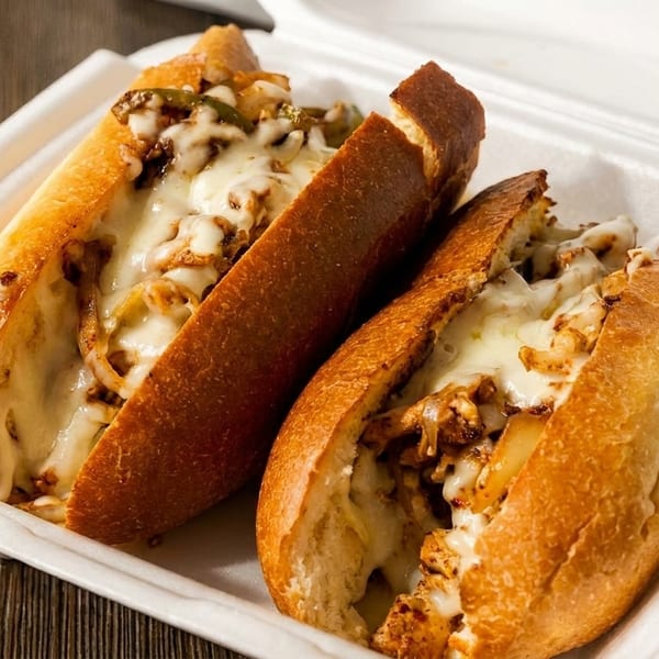 Two cheesy Philly cheesesteak sandwiches with peppers and onions in a white takeout container.