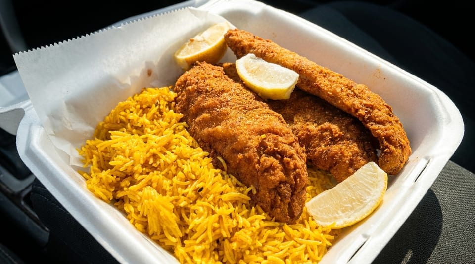 Fried fish fillets with yellow rice and lemon wedges in a white takeout container.