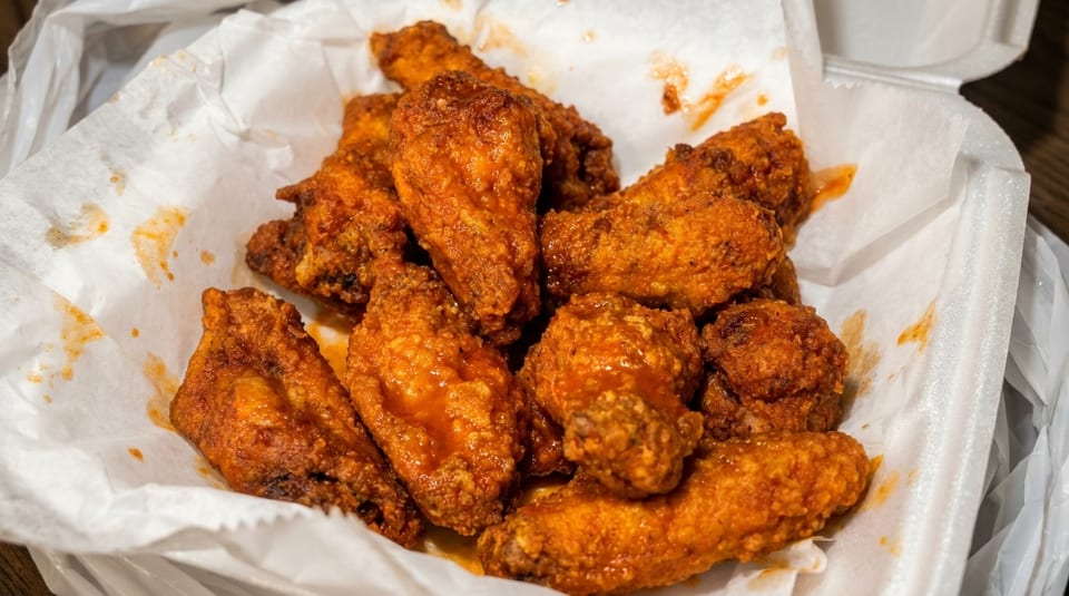 A close-up of crispy, saucy chicken wings in a white paper-lined takeout container.