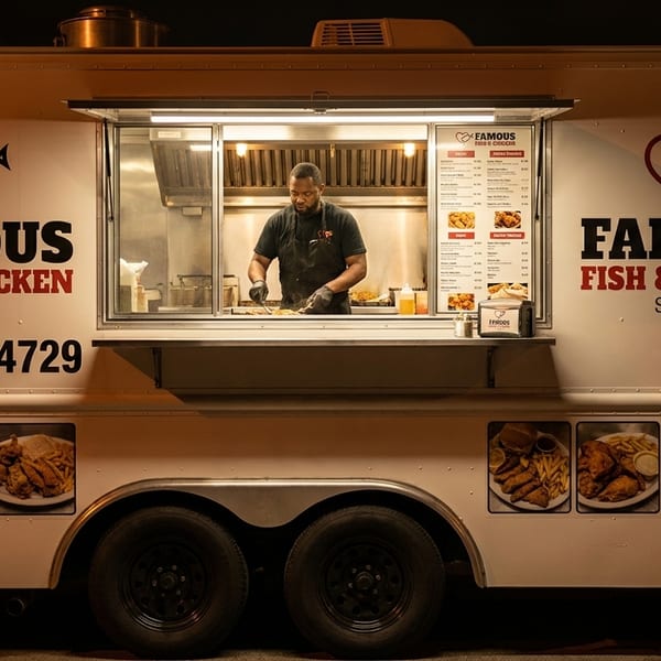 A chef cooks inside the Famous Fish & Chicken food truck at night, with menu and food photos visible.