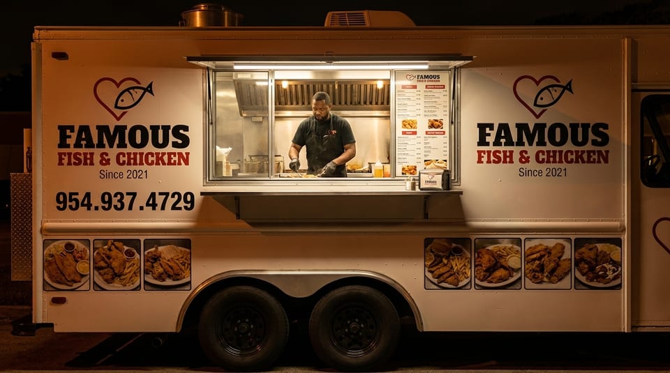 A chef cooks inside the Famous Fish & Chicken food truck at night, with menu and food photos visible.