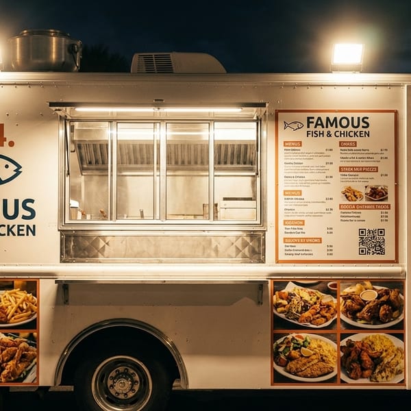 A white "Famous Fish & Chicken" food truck at night, with menus and food photos displayed.