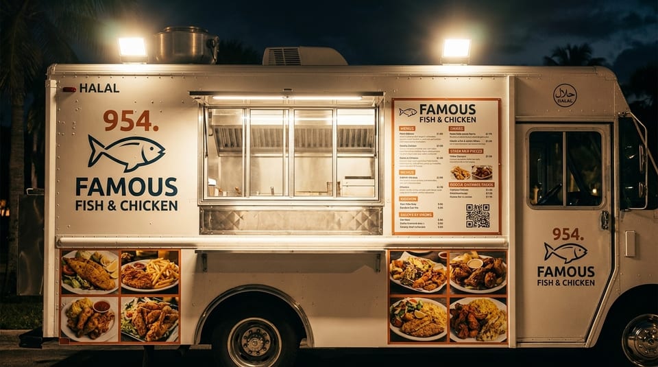 A white "Famous Fish & Chicken" food truck at night, with menus and food photos displayed.