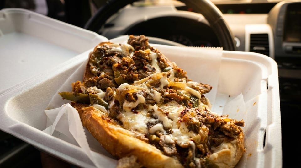 Cheesesteak sandwich with melted cheese, steak, and peppers in a takeout container inside a car.